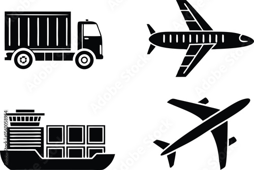 Freight Transport Vehicles Set Featuring Trucks Trailers and Cargo Equipment in Clean Style. Heavy Duty Freight Transport Illustration Collection with Commercial Logistics Elements