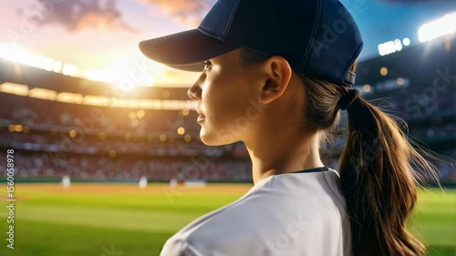Female baseball player with ponytail wearing cap looking out over the green field and crowd at stadium during golden hour sunset.