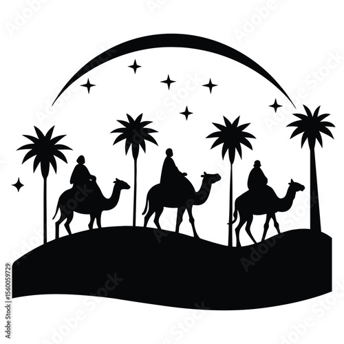 Three Wise Men Camel Silhouette: Starry Night Desert Journey, Biblical, Monochrome