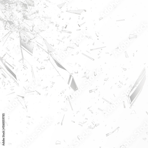 Broken glass shards flying in chaotic motion