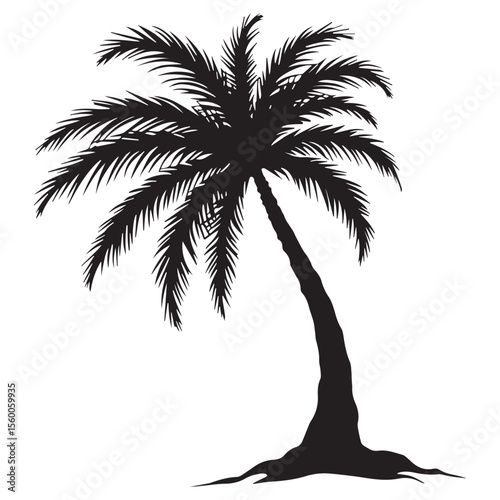Silhouette of a leaning palm tree, tropical, minimalist, black and white, summer vacation design element.