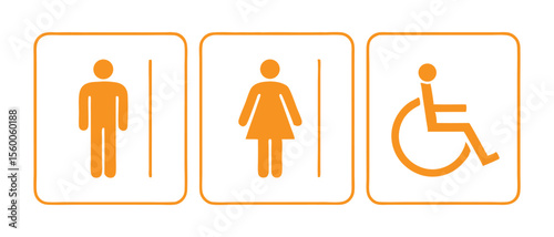 Toilet icons set, common male and female restrooms, handicap wheelchair access, sanitizer liquid soap, WC direction, baby changing table room, toilet signs