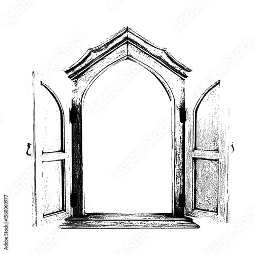 Open arched window with shutters graphic on transparent background