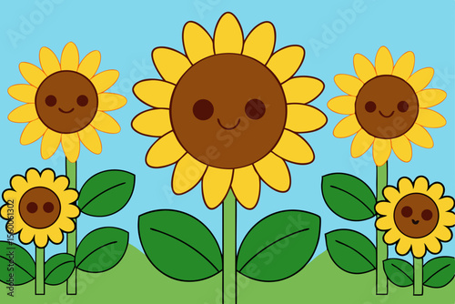 Scenic Sunflower Garden Illustration with Greenery