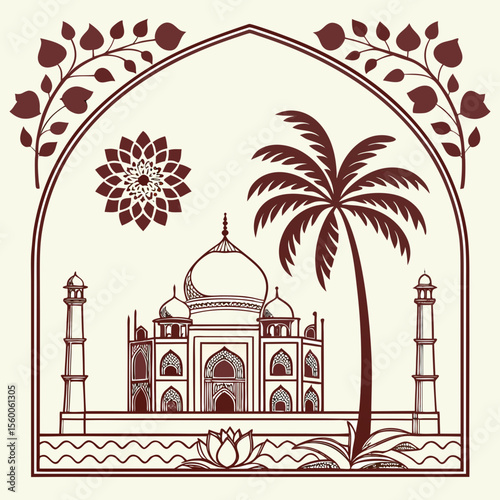 
a drawing of a building and palm trees
