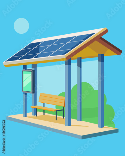 A welllit bus stop thanks to the solar panels installed on its roof making it a safe and convenient waiting area for passengers.. Vector illustration