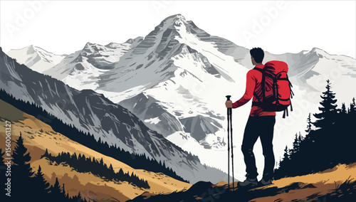A man hiking in the winter mountain vector