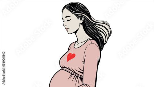 A happy expecting mother smiles, gently holding her belly in a beautiful moment of motherhood and new life