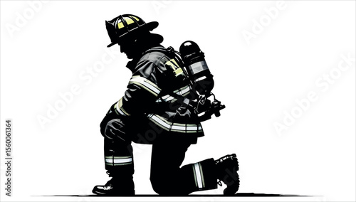 A firefighter kneeling on his knees