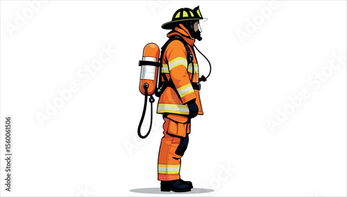 A firefighter wearing a fire extinguisher