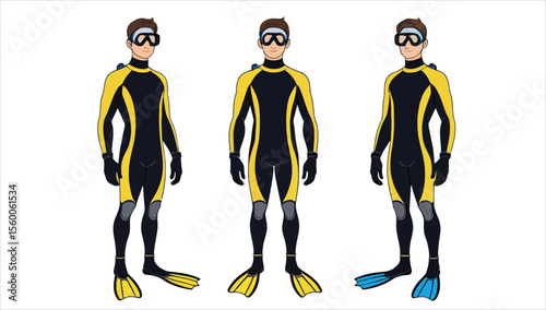 Three men wearing diving suits