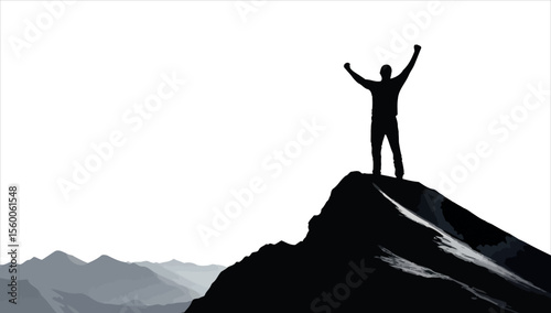 Silhouette of a person on a mountain top with arms raised at sunset, symbolizing success and freedom