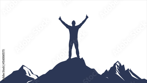 Silhouette of a person on a mountain peak at sunset, arms raised in victory and joy, symbolizing freedom and the top of success