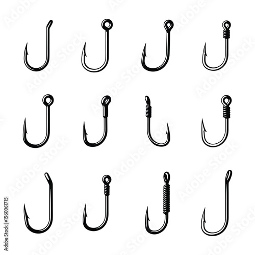 Fishing hook icon set in various shapes and styles for outdoor themed designs.