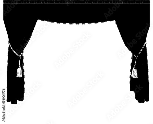 A black curtain with tassels on the sides on transparent background