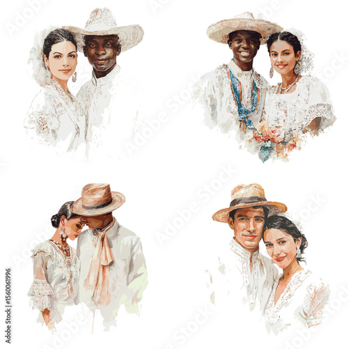 Mexican couples in white traditional clothing with hats and embroidery, ideal for romantic cultural celebrations and heritage-themed visuals.

