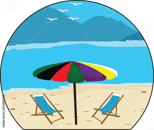 beach with umbrella and chairs