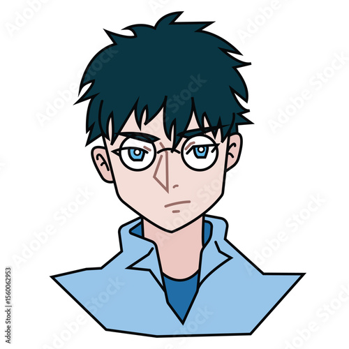 Smart casual styled perfectionist boy with glasses and blue shirt outlined illustration isolated on square white background.