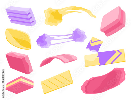 Bubble gum splashes set. Cartoon chewy sweet candies. Stains and sticky stretchy forms. Children bubblegum. Vector illustration