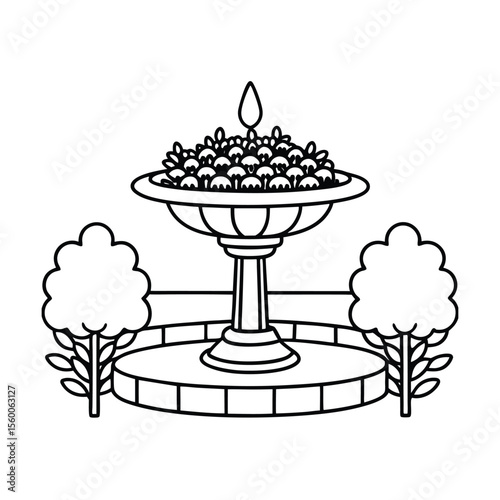 Birdbath centered in trimmed hedge and flower garden view Vector illustration