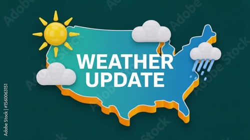 Weather update over us map with sun and rain clouds in cartoon style design