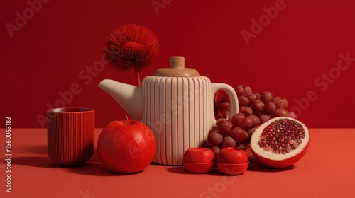 A realistic high-quality stock photo representing 'food sustainability', styled with vibrant reds tones, evoking a sense of calm, designed to appeal to design studios. The composition should align wit