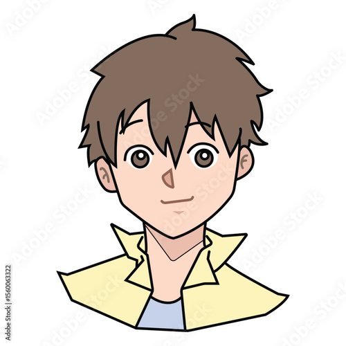 Kind boy with sincere smile and brown hair wearing yellow shirt. Outlined illustration on white background.