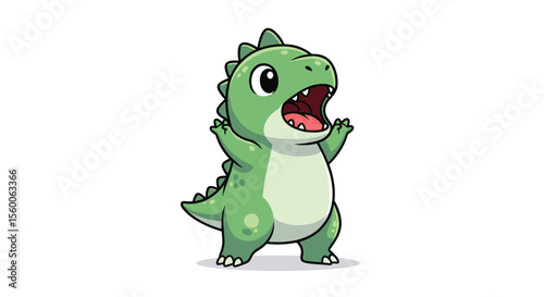 Adorable Animated Green Dinosaur Cub Character Raising Hands in Excitement and Celebration of Win