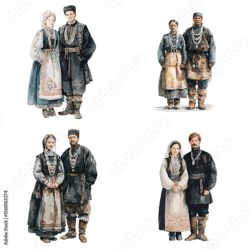 Russian couples in traditional northern folk attire with embroidered layers and boots, perfect for cultural heritage, cold region costumes, and historic fashion.

