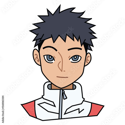 Athletic sporty boy with spiky black hair and gym clothes outlined illustration on white background.