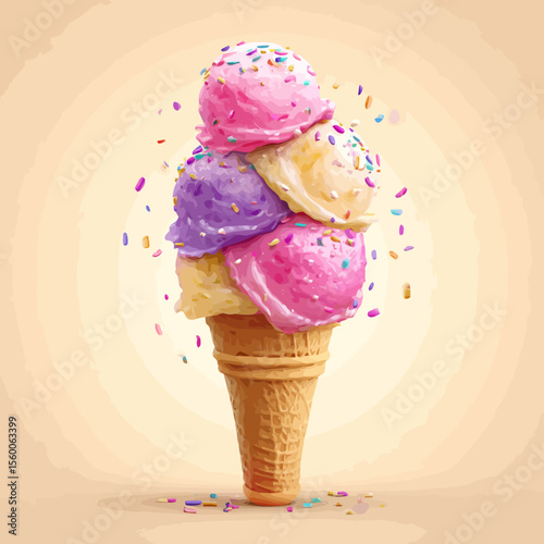Delicious creamy scoops of strawberry and vanilla ice cream in a crisp wafer cone and a delightful basket, a perfect cold summer dessert