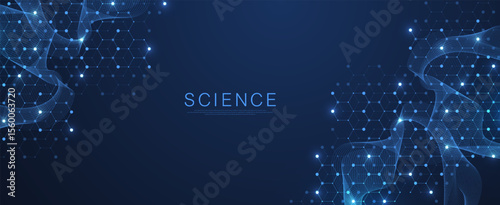 Molecular abstract structure and genetic engineering DNA. Healthcare and medicine background concept. Scientific research background. Wave flow. Innovation pattern. Vector illustration.