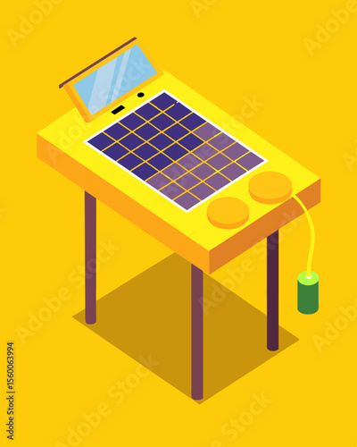 A vibrant yellow outdoor table with builtin solar chargers ideal for music festivals and outdoor events.. Vector illustration