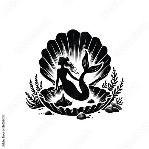 Mermaid silhouette in an open seashell. Vector illustration of a mythical sea creature for fantasy themes. Black and white logo isolated on white