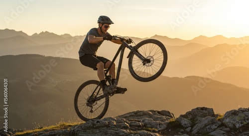 A mountain biker performs a wheelie at sunset atop a rocky mountain peak