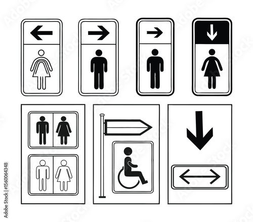Toilet icons set, common male and female restrooms, handicap wheelchair access, sanitizer liquid soap, WC direction, baby changing table room, toilet signs