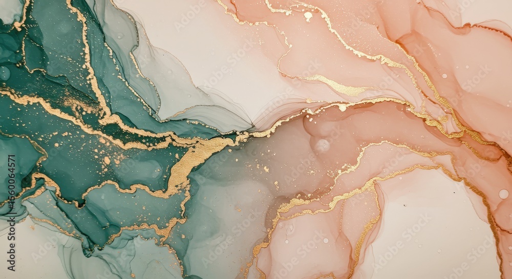 Fototapeta premium Fluid acrylic pour painting with gold accents in green and pink hues