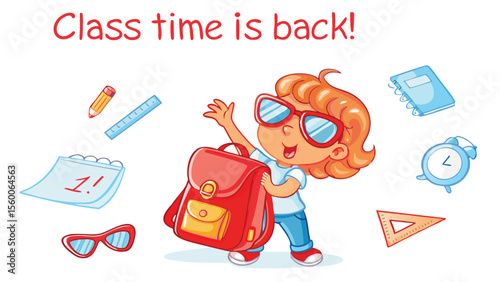 A girl with a red backpack wearing sunglasses surrounded by school supplies on a white background