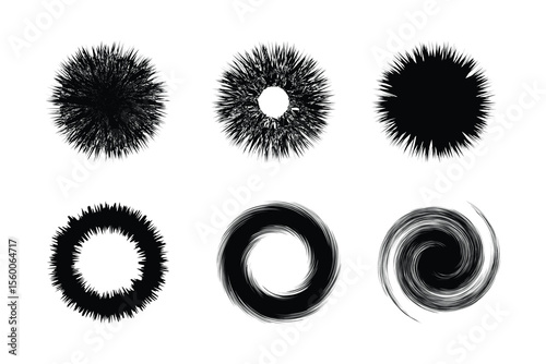 Set of Six Abstract Circular Graphic Elements – Hand-Drawn Black and White Textures Featuring Spikes, Spirals, and Rings