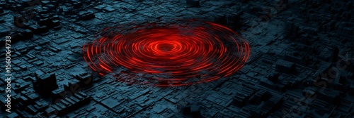 Red seismic waves are expanding in concentric circles from the epicenter of an earthquake on a dark textured surface, representing the power and destruction of nature