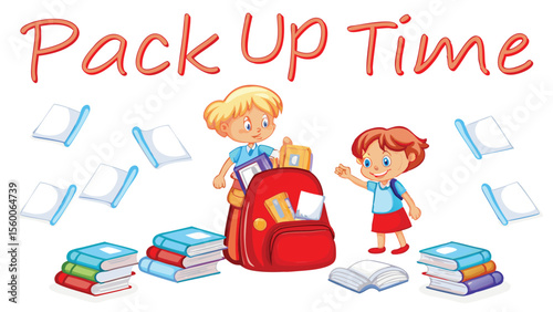 Illustration of two children packing books into a red backpack with scattered books and the text pack up time
