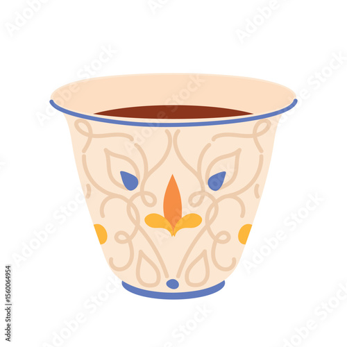 Ceramic Turkish cup with oriental ornament. Traditional glass for coffee in Arab countries. Vector illustration in flat style.