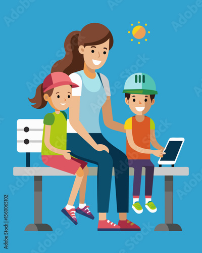A mother and her children stop to rest on a solarpowered bench during their bike ride taking advantage of the builtin ports to charge their fitness trackers.. Vector illustration