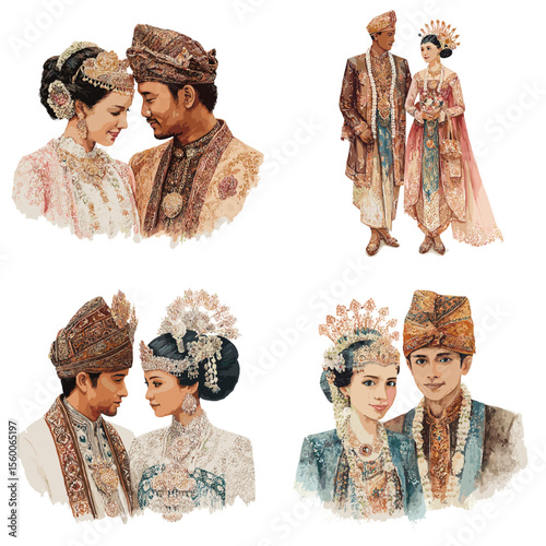 Indonesian wedding couple in traditional attire with intricate headdresses and ornate details, ideal for cultural marriage and ethnic fashion visuals.

