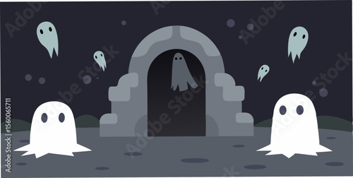 Spooky vector illustration of a ghost town cemetery at night with a haunted house silhouette under a starry, moonlit sky