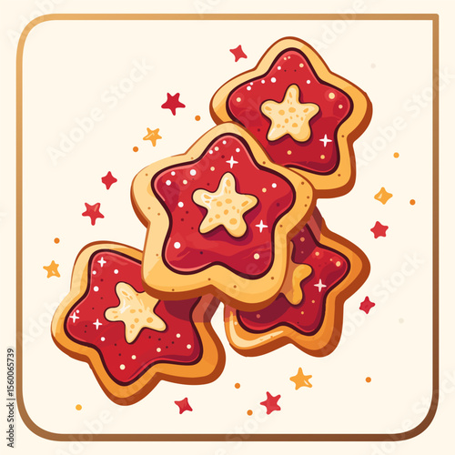 Festive gingerbread star cookies cartoon vector icon. Stack of delicious gingerbread cookies cut into star shapes. The cookies are decorated with red frosting and colorful sprinkles
