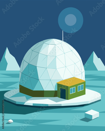 A research station deep in a canyon with strategically p solar panels on the walls to capture sunlight throughout the day.. Vector illustration