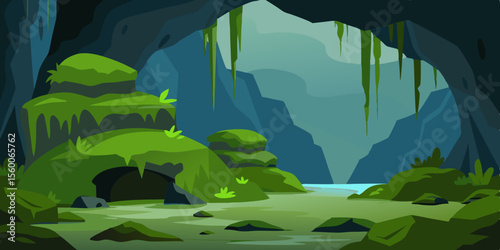 Serene nature landscape illustration of a vibrant waterfall cascading through a lush forest with trees, plants, and a clear blue sky