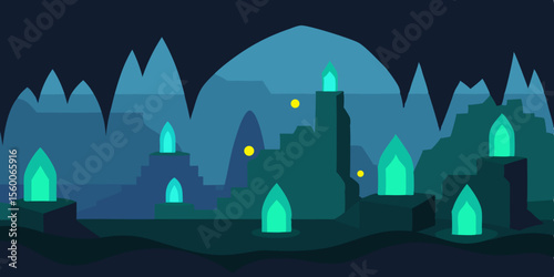 Spooky dark castle silhouette with a bright moon in a haunted night city landscape
