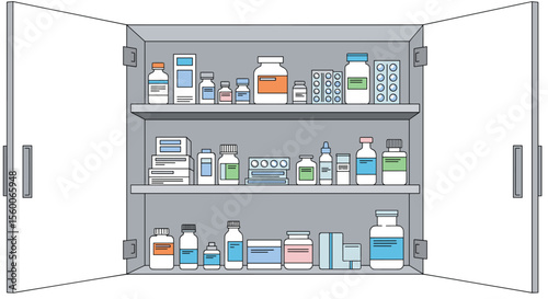 The Medicine Cabinet Interior View Filled with Different Medication and First Aid Equipment